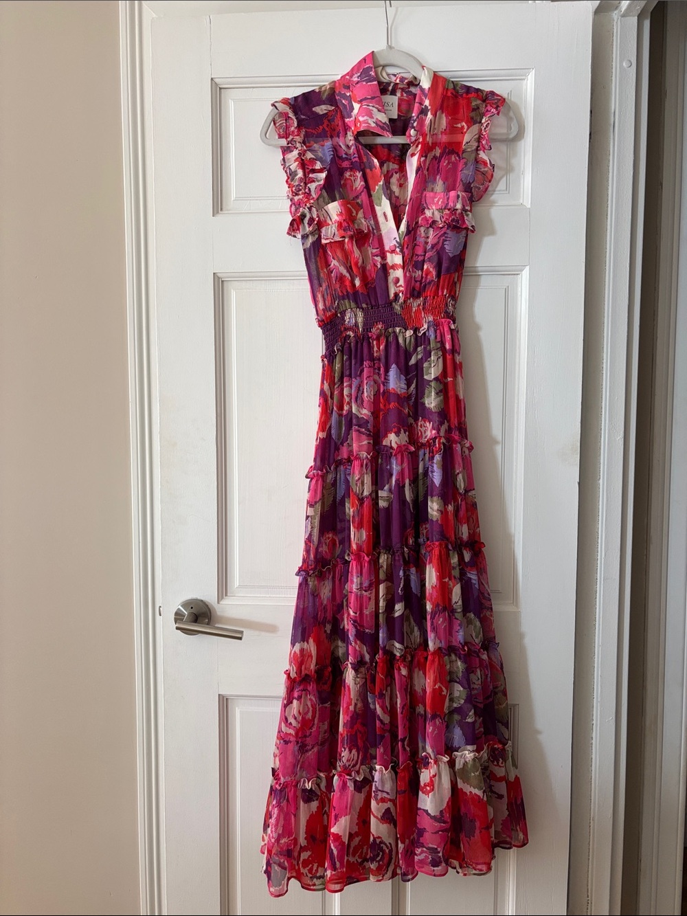 Misa Los Angeles Pink & Purple Floral Tiered Maxi Dress